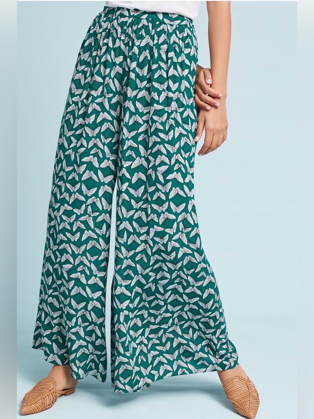 ANTHROPOLOGIE MAEVE Acker Wide-Leg Pants Green Butterflies S - Picture 2 of 16